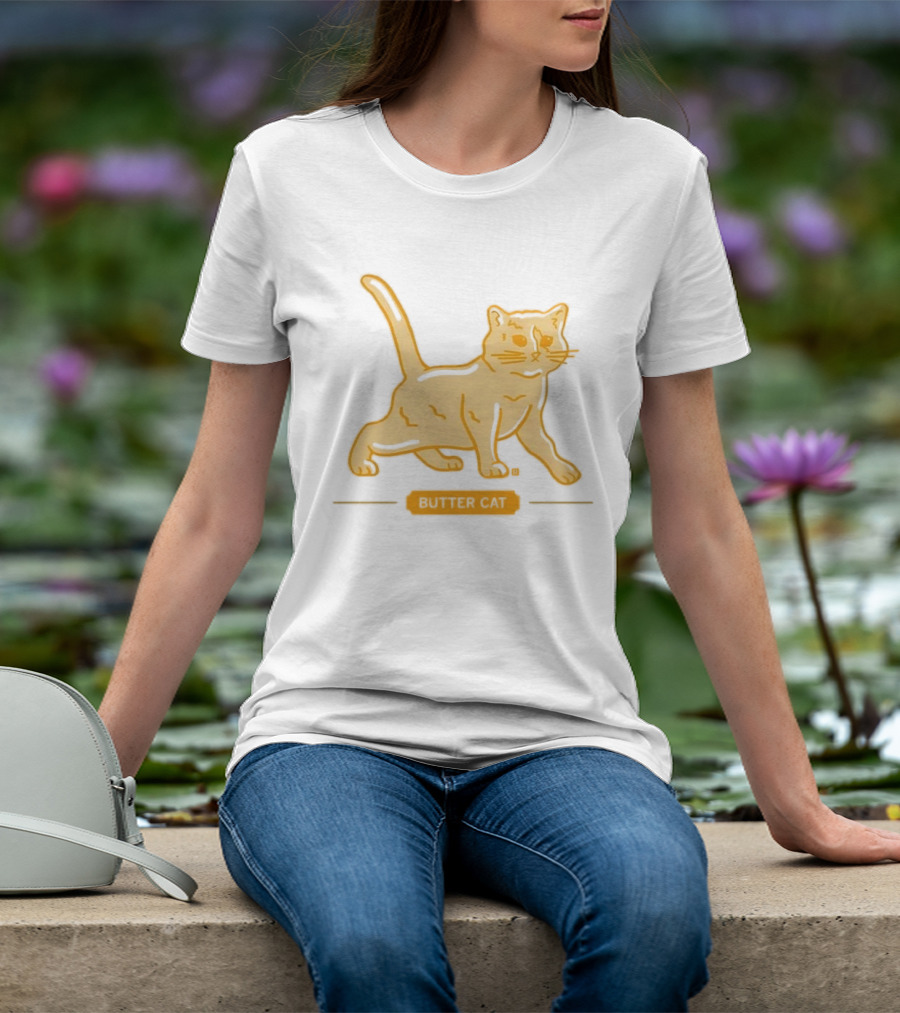 Butter Cat Yellow Orange Cartoon Walking Feline Line T-Shirt