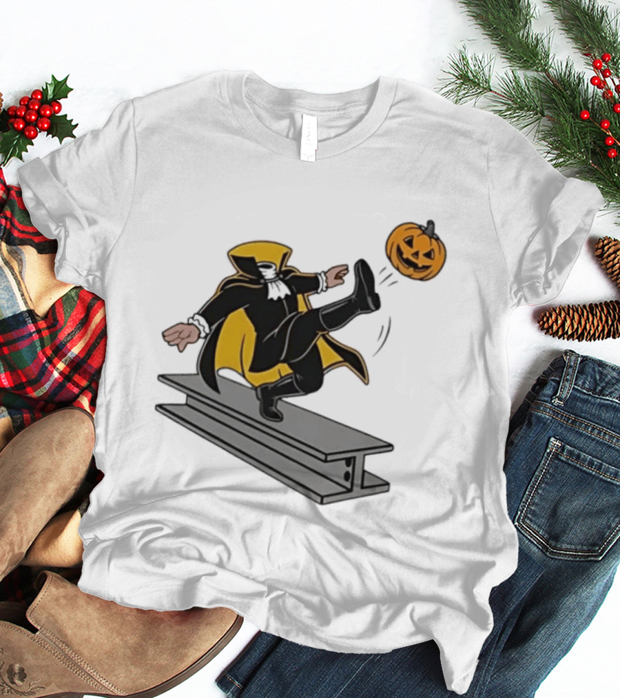 Cartoon Headless Horseman Kicking Jack O Lantern Pumpkin Steel Beam T-Shirt