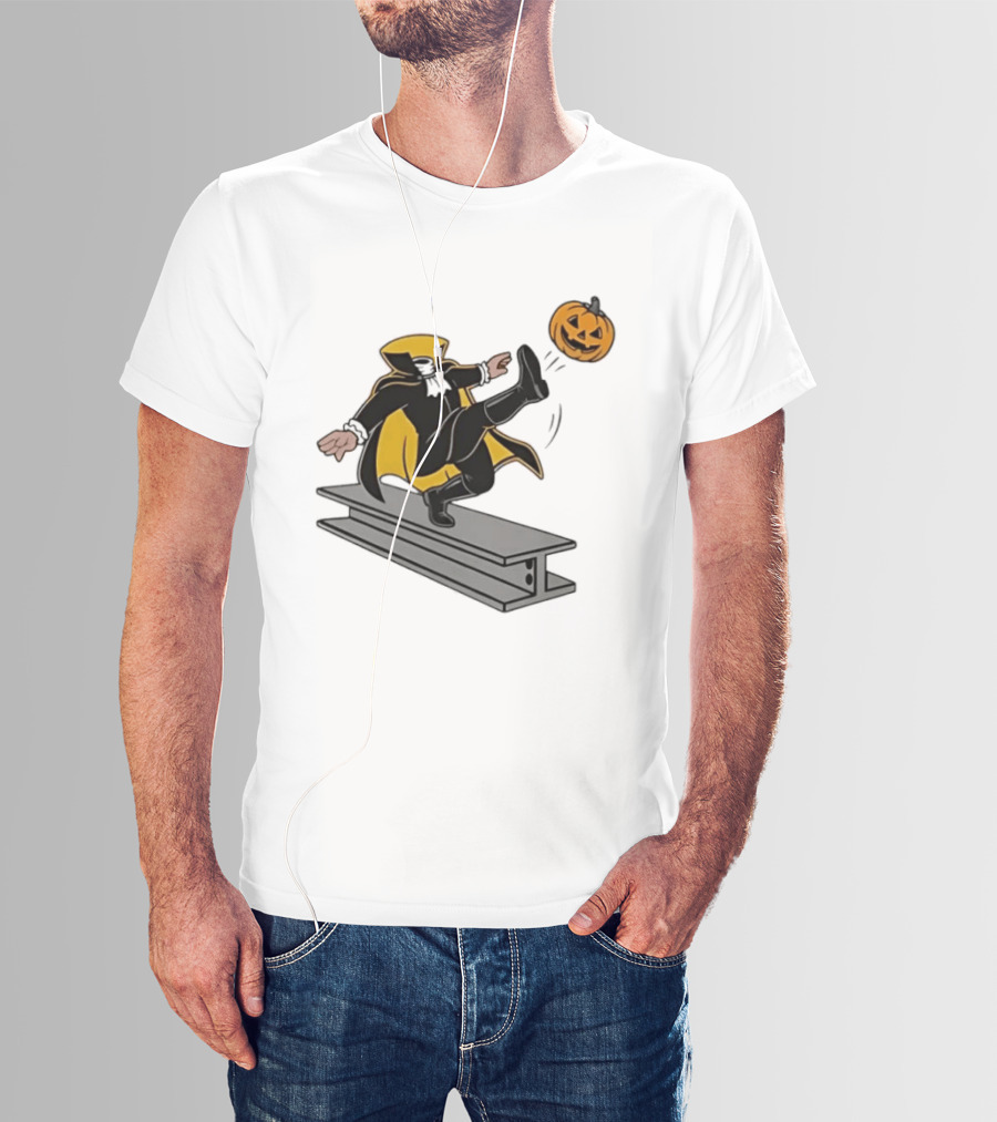Cartoon Headless Horseman Kicking Jack O Lantern Pumpkin Steel Beam T-Shirt