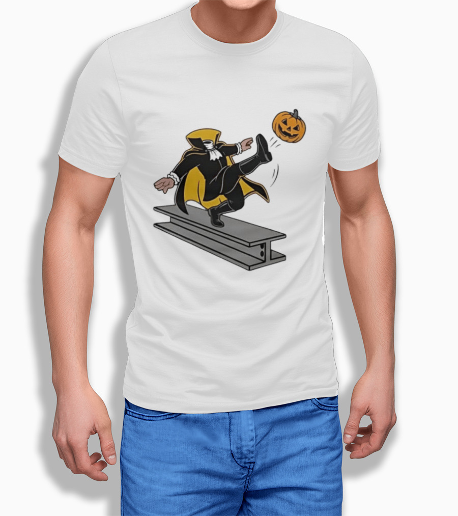 Cartoon Headless Horseman Kicking Jack O Lantern Pumpkin Steel Beam T-Shirt