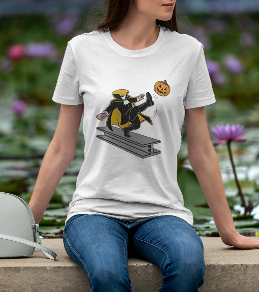 Cartoon Headless Horseman Kicking Jack O Lantern Pumpkin Steel Beam T-Shirt