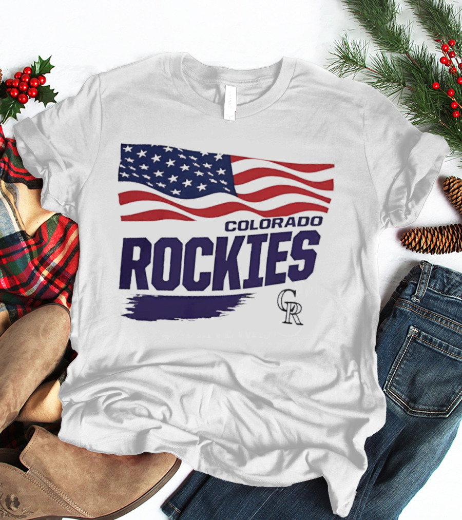 Colorado Rockies MLB American Flag Brush Stroke Waving T-Shirt
