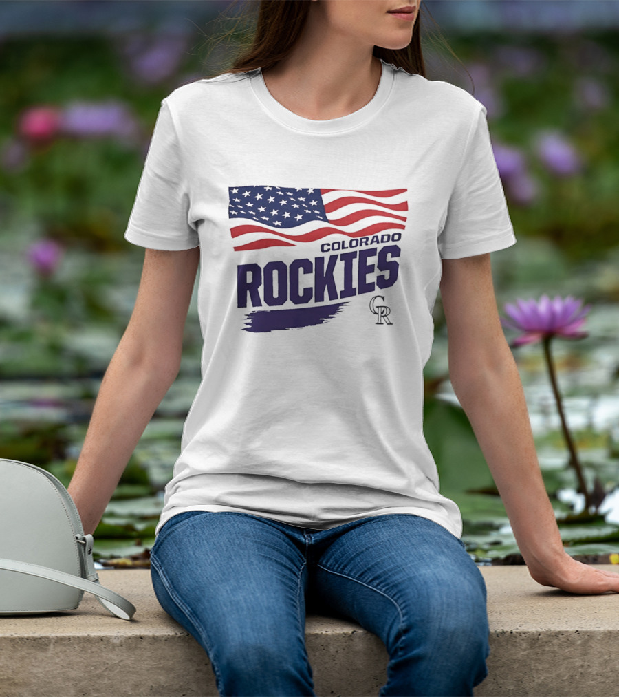 Colorado Rockies MLB American Flag Brush Stroke Waving T-Shirt