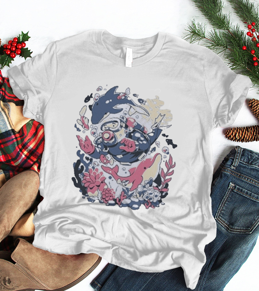 Fangamer Dolphins Dive Underwater Adventure With Diver And Marine Life T-Shirt