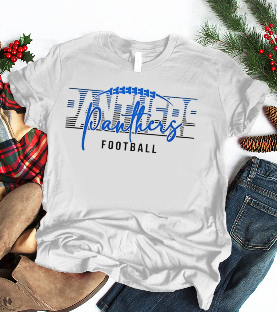 Panthers Football Blue Script Striped Laces Football T-Shirt