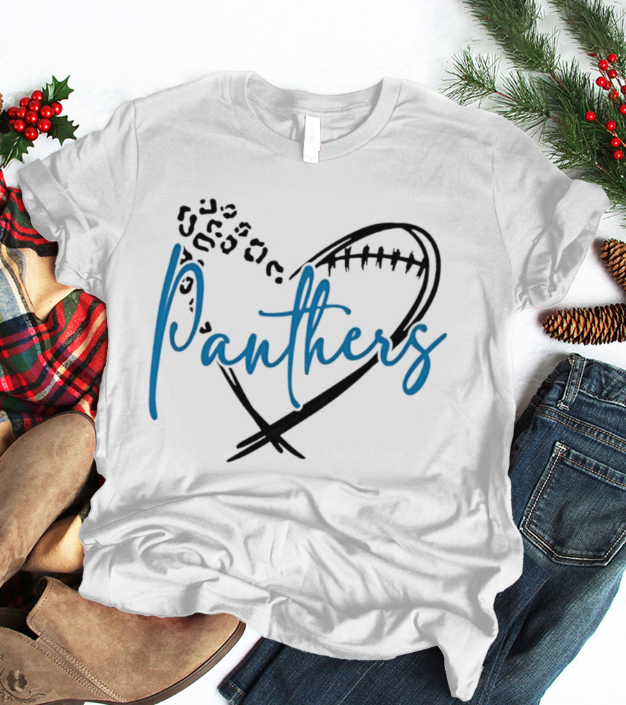 Panthers Heart Leopard Spots Football Laces Cursive Line T-Shirt