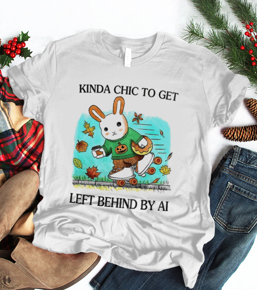 Kinda Chic Rabbit Roller Skating With Pumpkin Happy Fall Leaves Left Behind By AI T-Shirt