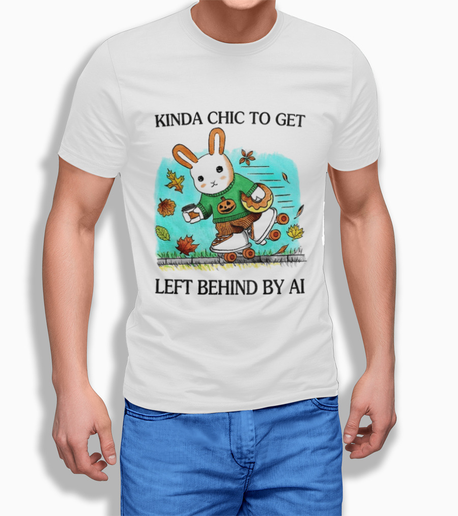 Kinda Chic Rabbit Roller Skating With Pumpkin Happy Fall Leaves Left Behind By AI T-Shirt