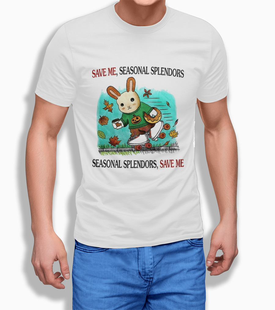 Skater Rabbit With Coffee And Donut Save Me Seasonal Splendors Leaves T-Shirt