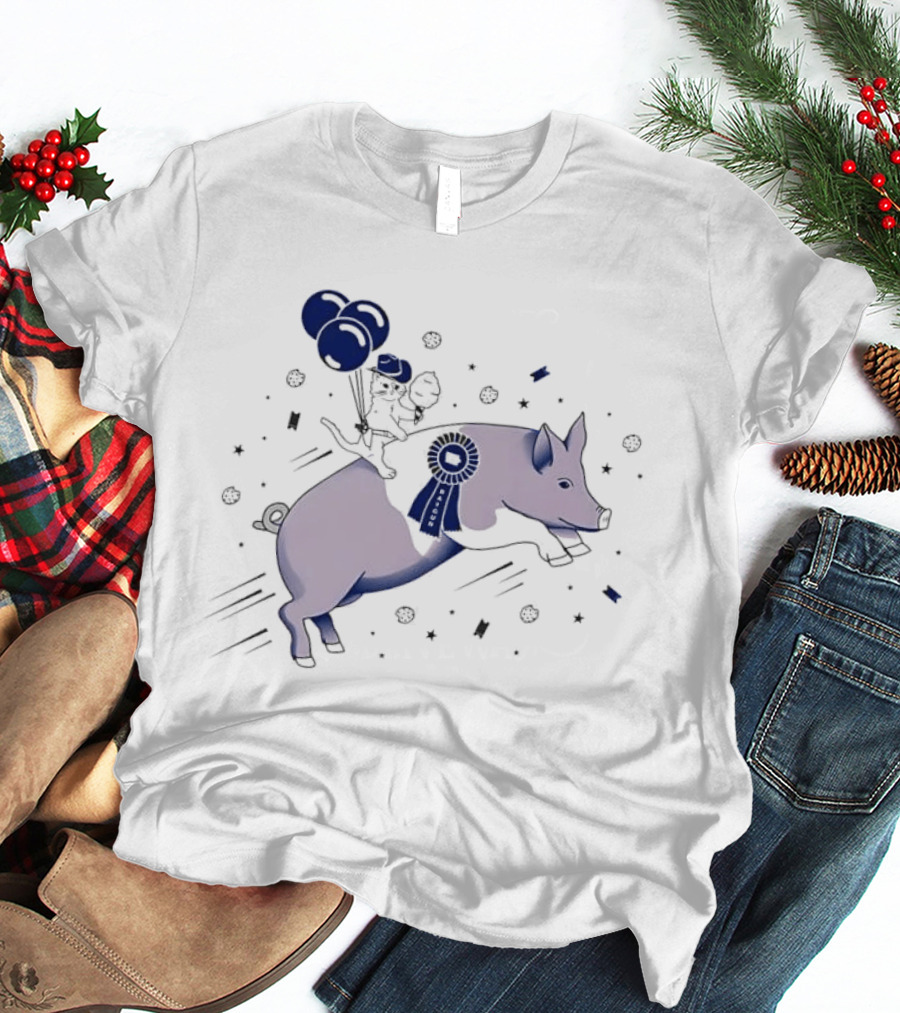Raygun Cartoon Cowboy Cat Riding Flying Pig With Iowa Ribbon And Balloons T-Shirt