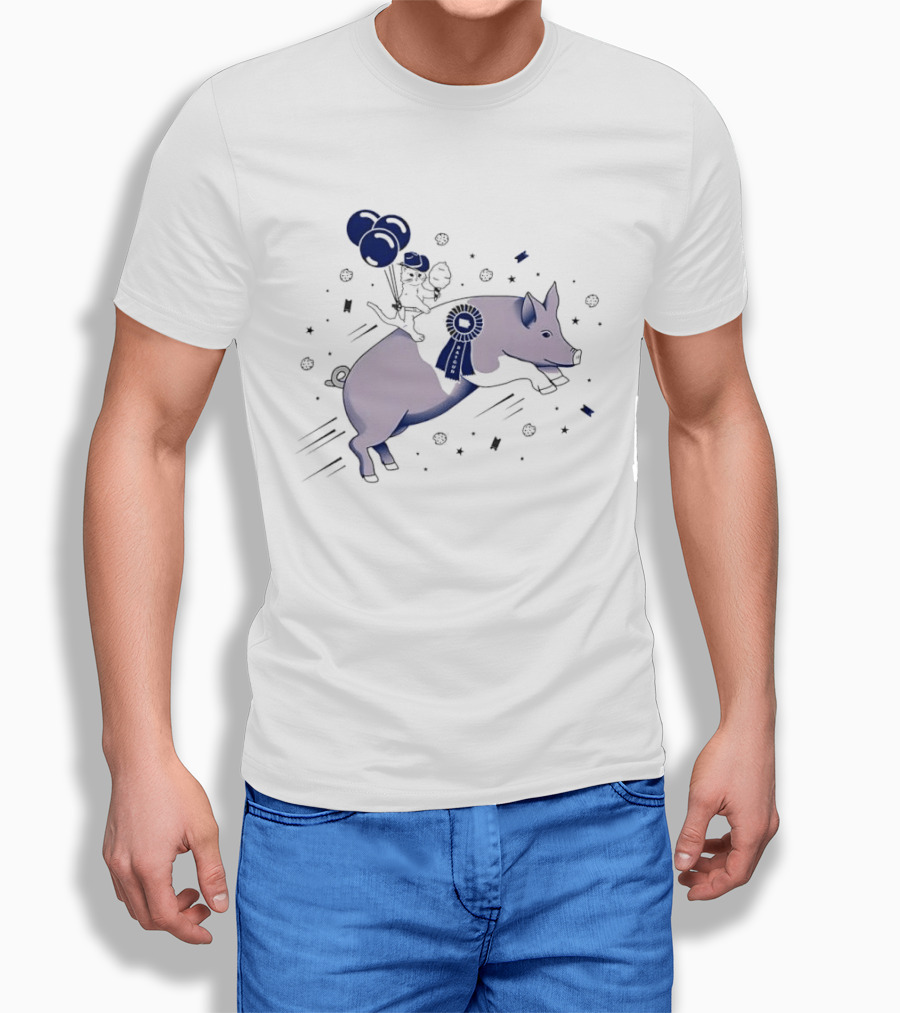 Raygun Cartoon Cowboy Cat Riding Flying Pig With Iowa Ribbon And Balloons T-Shirt