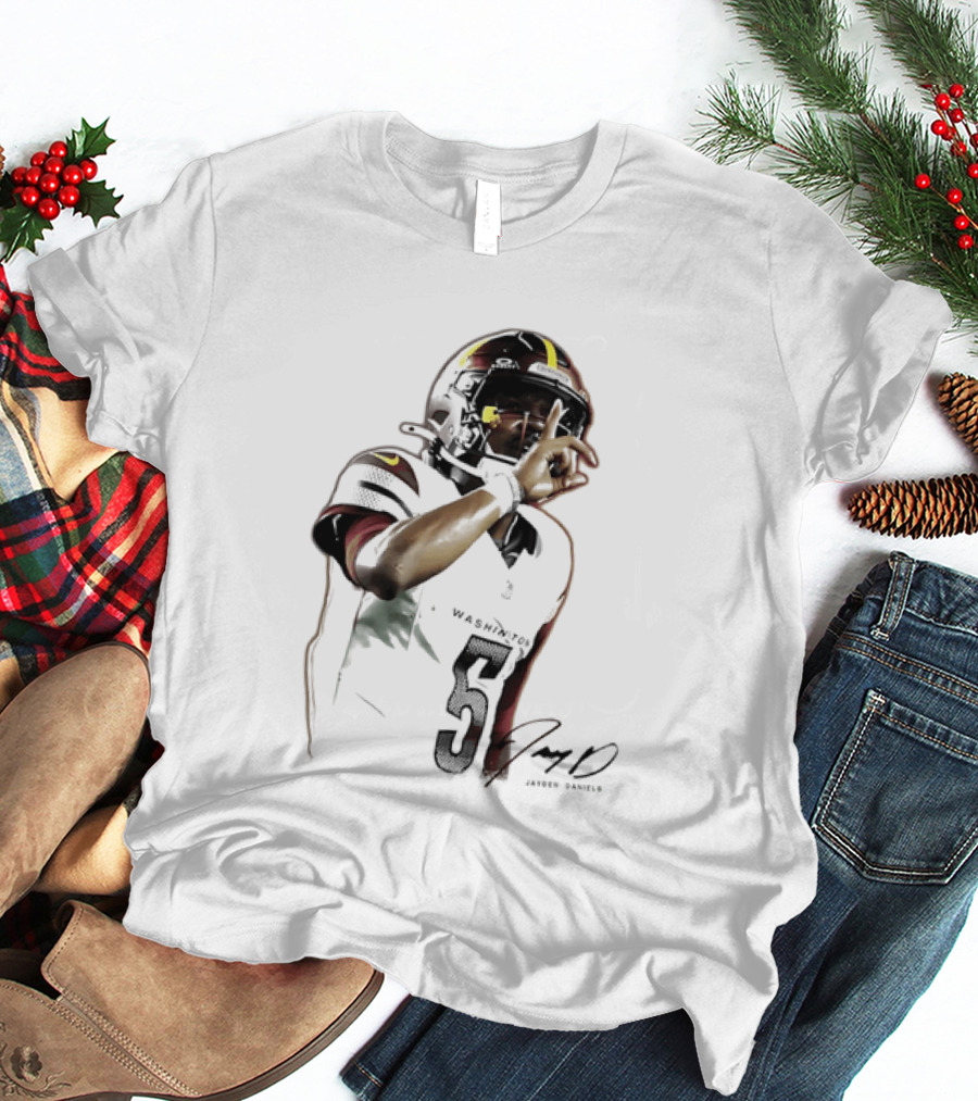 Washington Commanders Jayden Daniels Quarterback Finger To Lips Photo Cutout T-Shirt