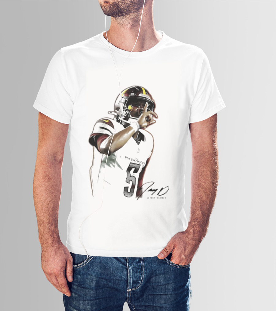 Washington Commanders Jayden Daniels Quarterback Finger To Lips Photo Cutout T-Shirt