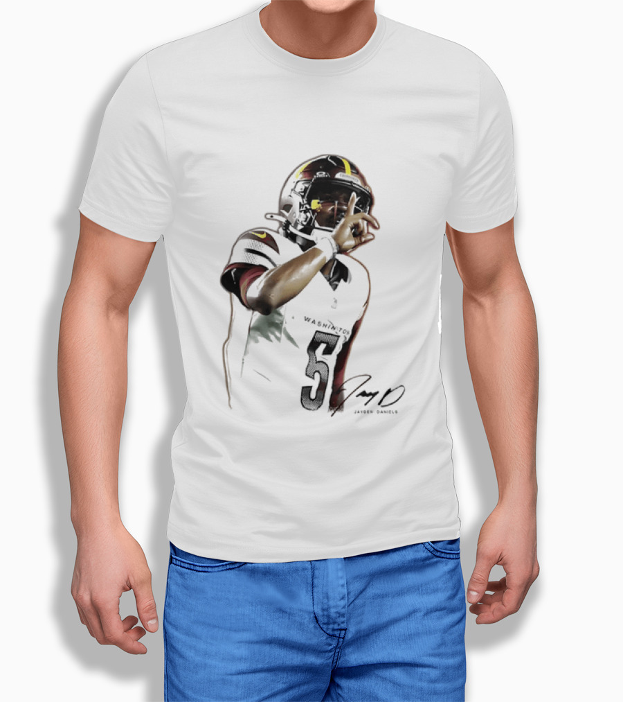 Washington Commanders Jayden Daniels Quarterback Finger To Lips Photo Cutout T-Shirt