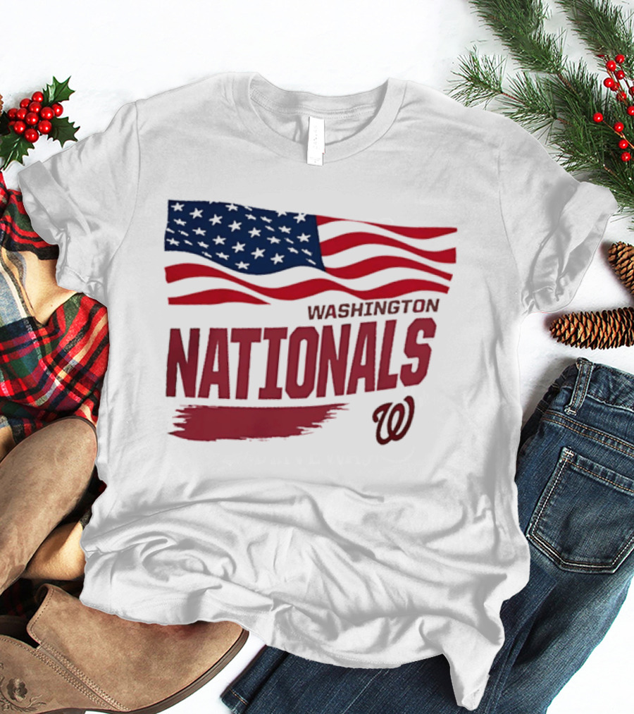 Washington Nationals Waving American Flag Red Brushstroke MLB T-Shirt