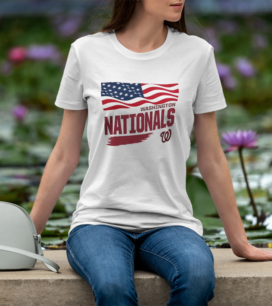 Washington Nationals Waving American Flag Red Brushstroke MLB T-Shirt