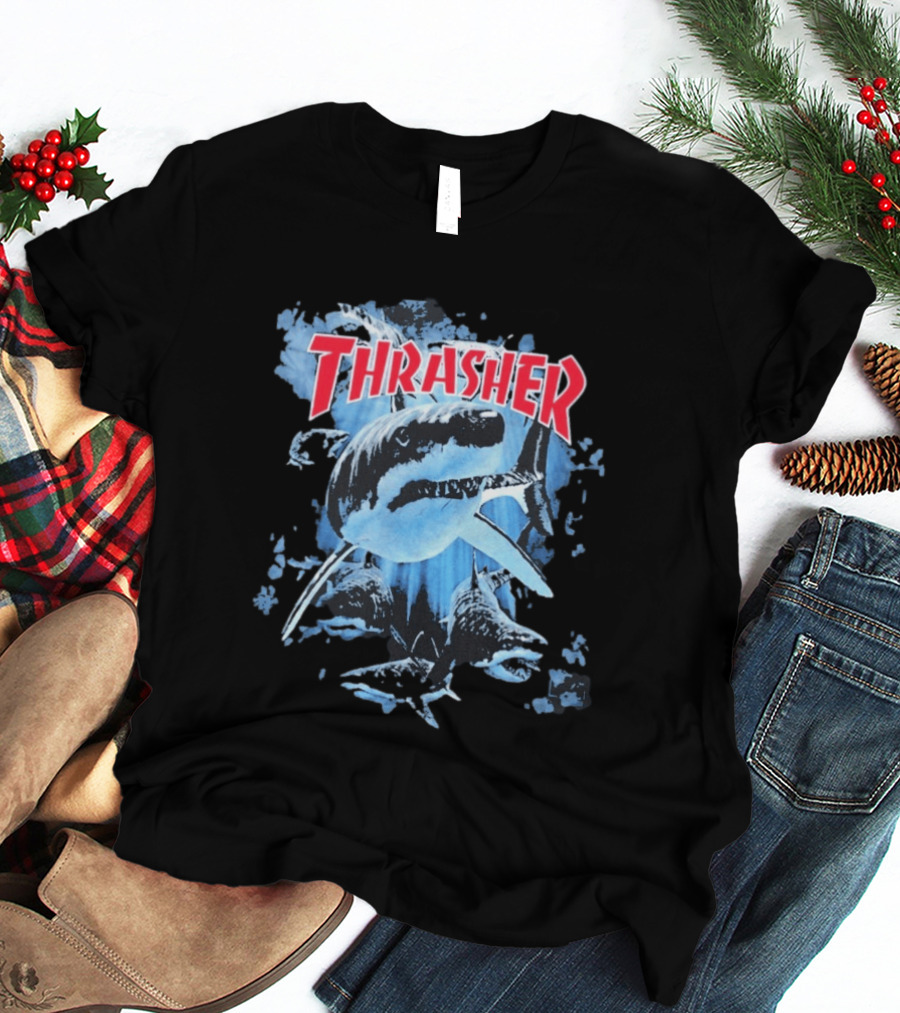 Thrasher Shark Blue Print Skateboarding T-Shirt