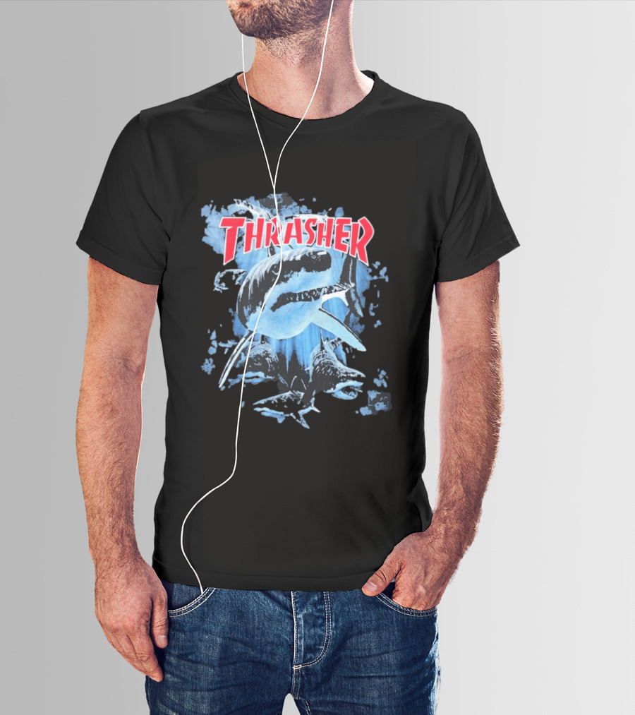 Thrasher Shark Blue Print Skateboarding T-Shirt