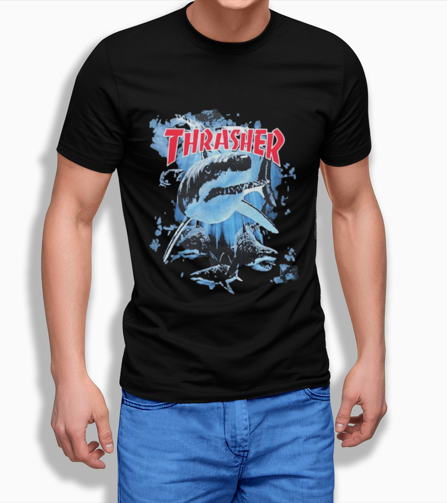 Thrasher Shark Blue Print Skateboarding T-Shirt