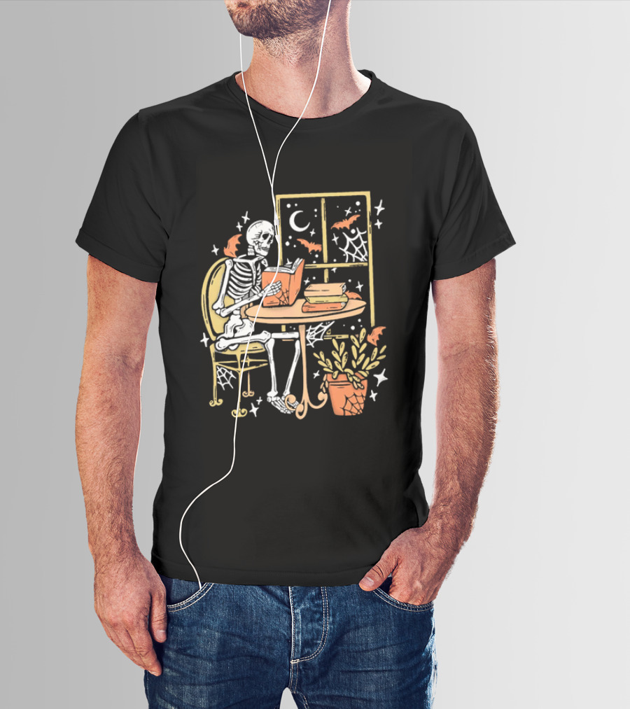 Cartoon Skeleton Reading Under Crescent Moon With Bats Orange Book Table Window T-Shirt