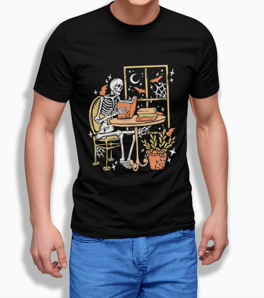 Cartoon Skeleton Reading Under Crescent Moon With Bats Orange Book Table Window T-Shirt