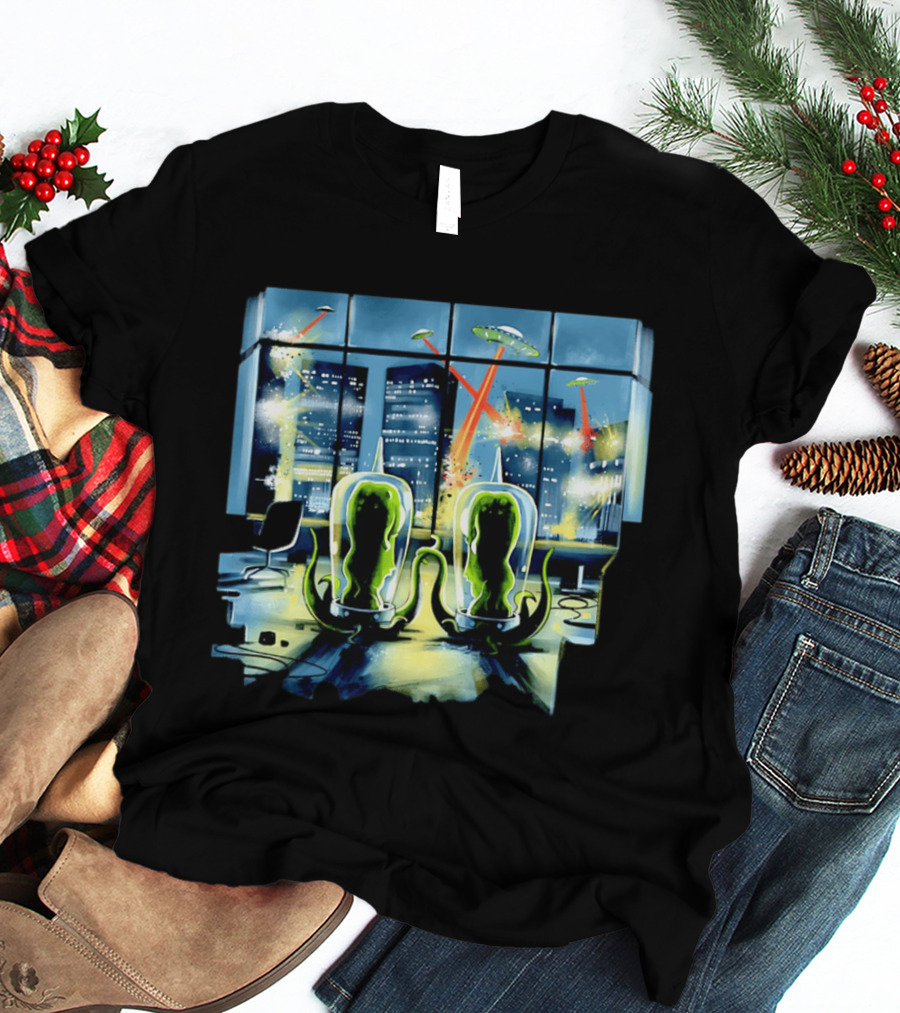 Project Rigel Alien Invasion City Battle Scene With Flying Saucers And Lasers T-Shirt