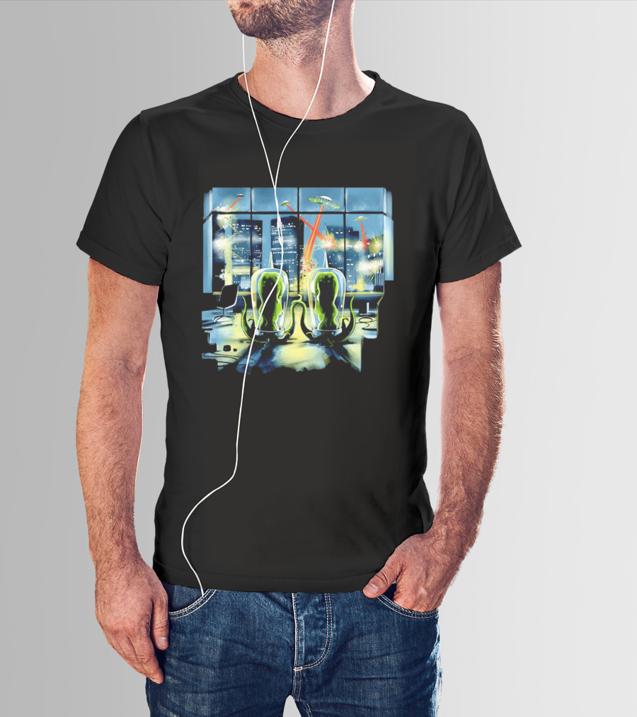 Project Rigel Alien Invasion City Battle Scene With Flying Saucers And Lasers T-Shirt