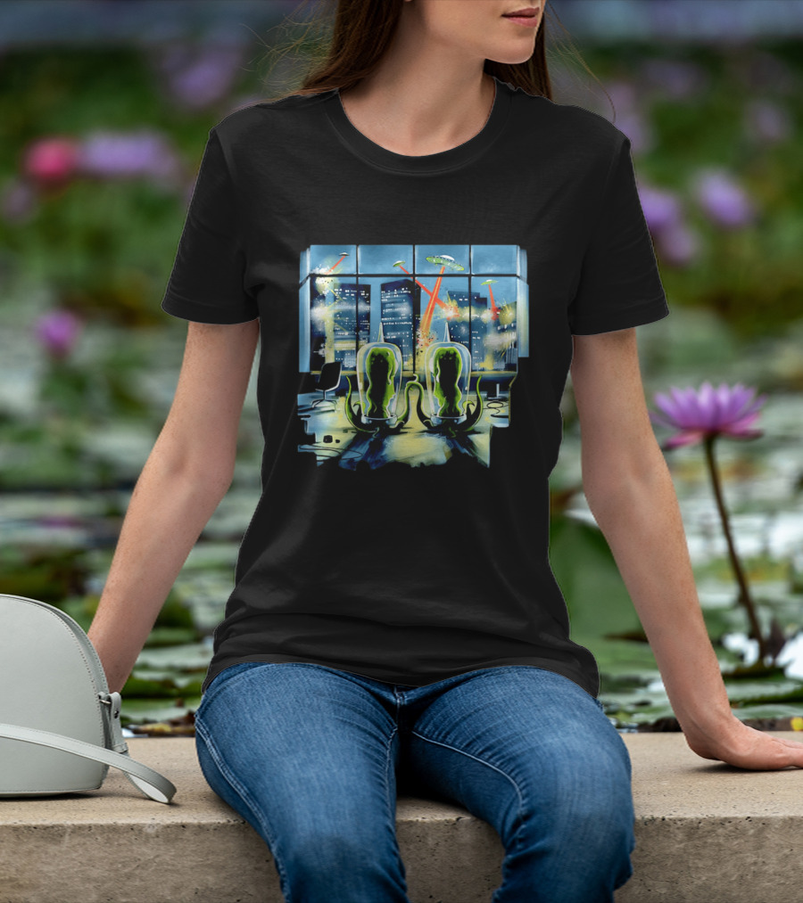 Project Rigel Alien Invasion City Battle Scene With Flying Saucers And Lasers T-Shirt