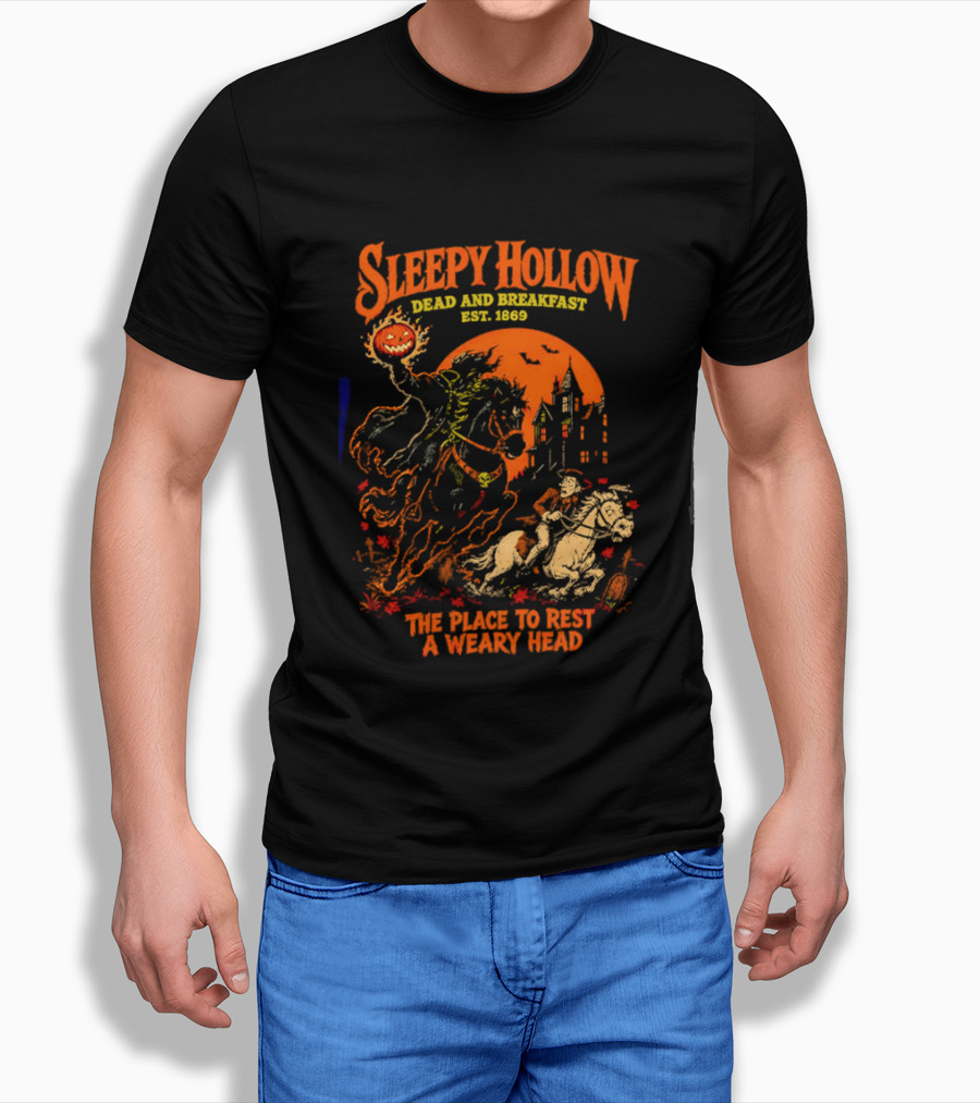 Sleepy Hollow Dead And Breakfast Est 1820 Headless Horseman The Place To Rest A Weary Head Halloween Pumpkin T-Shirt