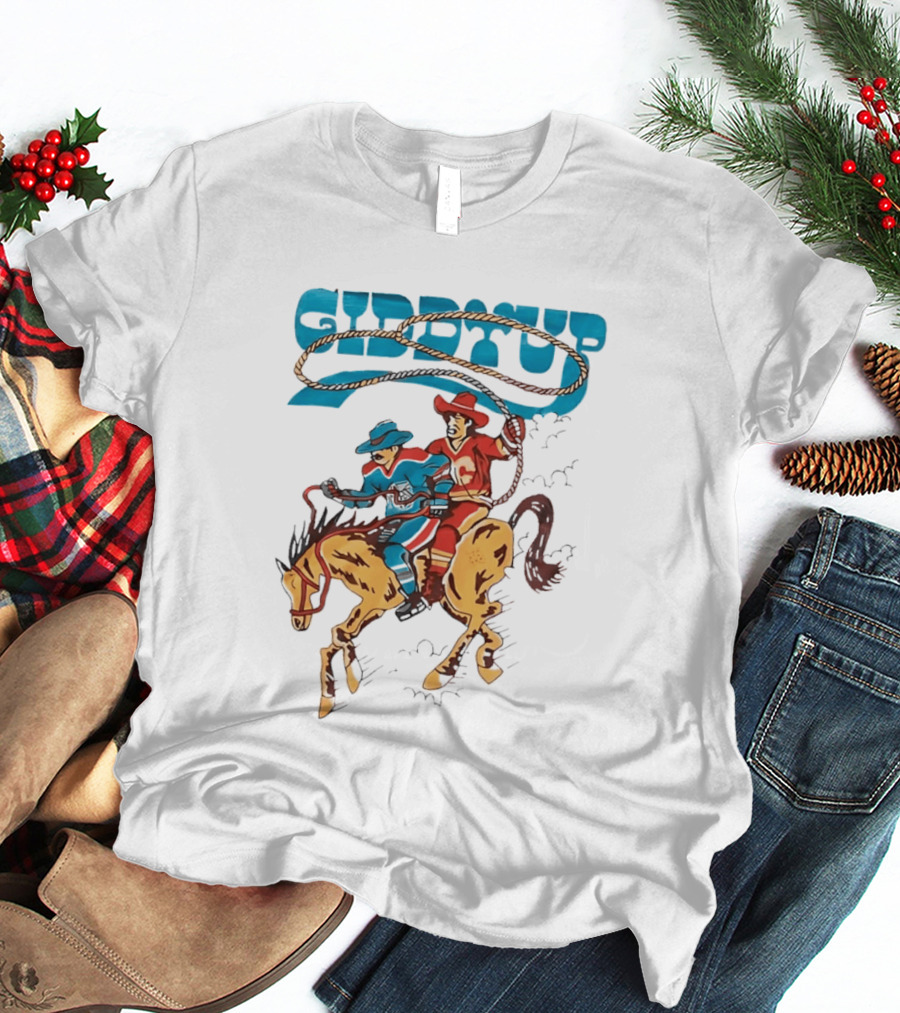Calgary Flames Edmonton Oilers NHL Hockey Players Giddyup Cartoon Riding Bucking Horse Lasso T-Shirt