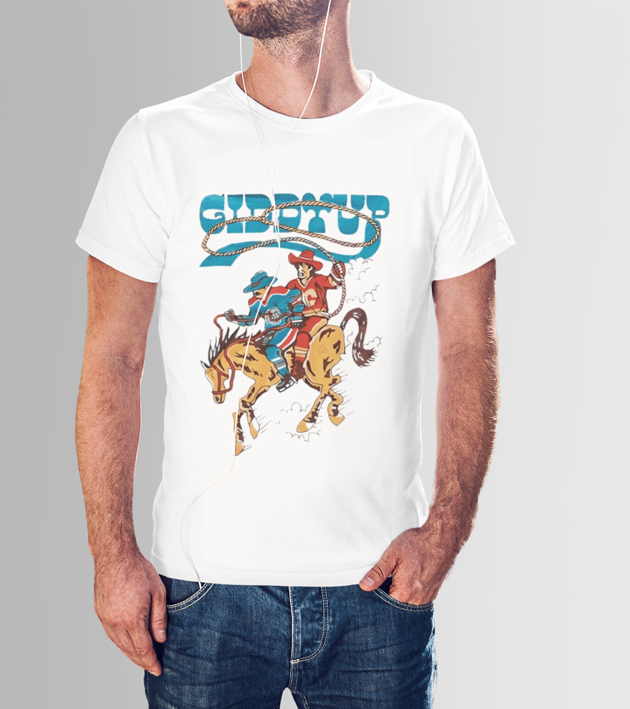 Calgary Flames Edmonton Oilers NHL Hockey Players Giddyup Cartoon Riding Bucking Horse Lasso T-Shirt