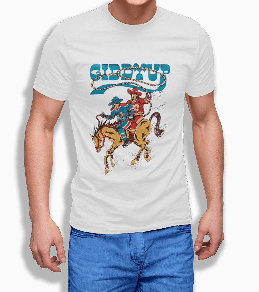 Calgary Flames Edmonton Oilers NHL Hockey Players Giddyup Cartoon Riding Bucking Horse Lasso T-Shirt