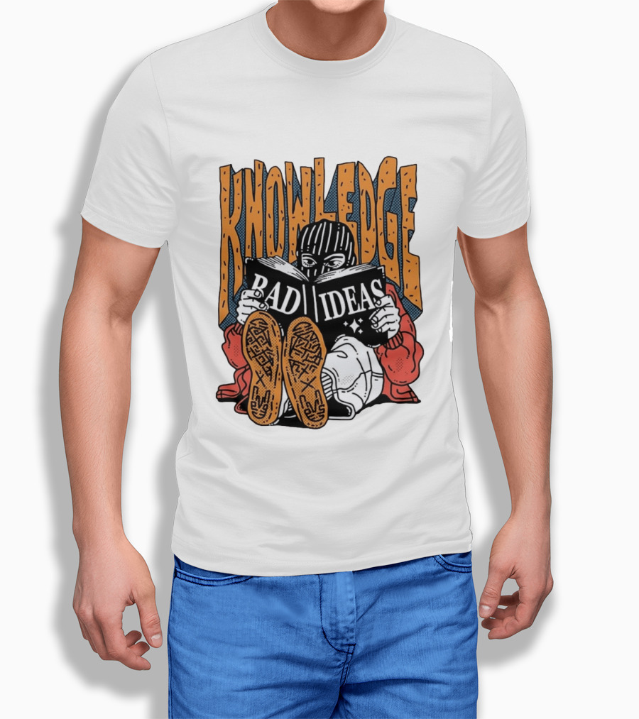 Knowledge Bad Ideas Elyski Balaclava Reading Book Shoe Soles Halftone Cartoon T-Shirt
