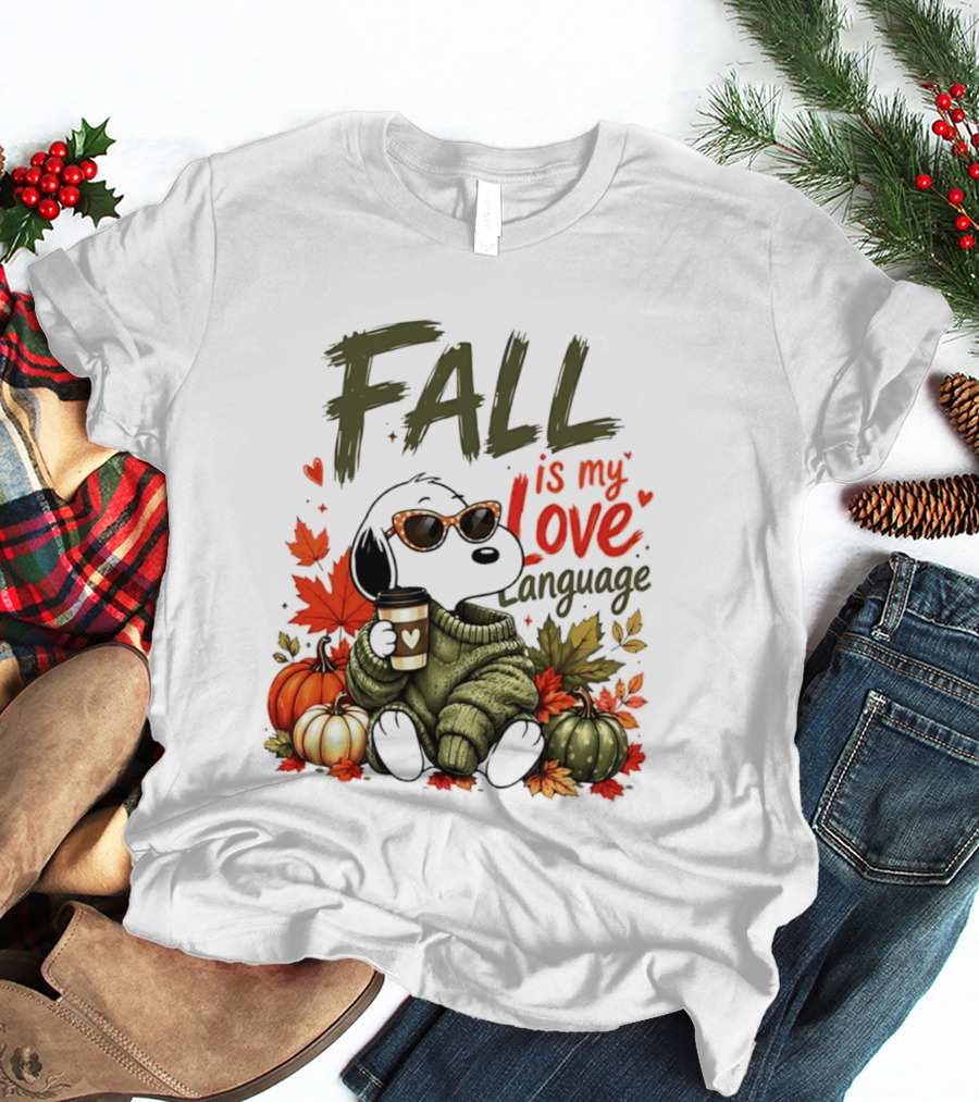 Fall Is My Love Language Cartoon Dog Cozy Green Sweater Pumpkins Leaves Coffee T-Shirt