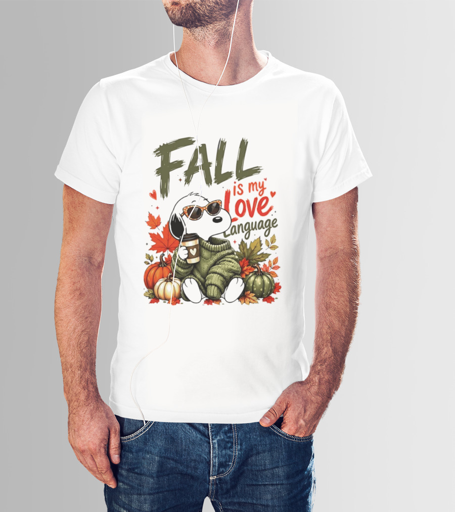Fall Is My Love Language Cartoon Dog Cozy Green Sweater Pumpkins Leaves Coffee T-Shirt