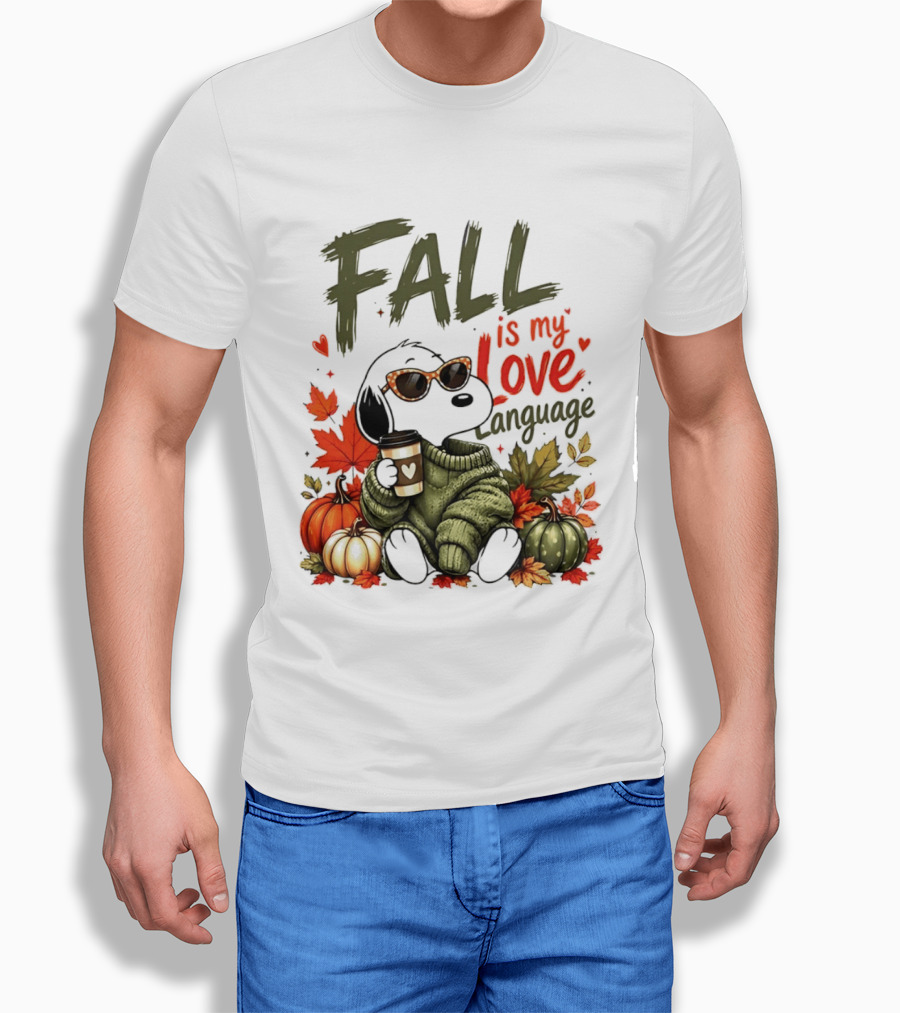 Fall Is My Love Language Cartoon Dog Cozy Green Sweater Pumpkins Leaves Coffee T-Shirt