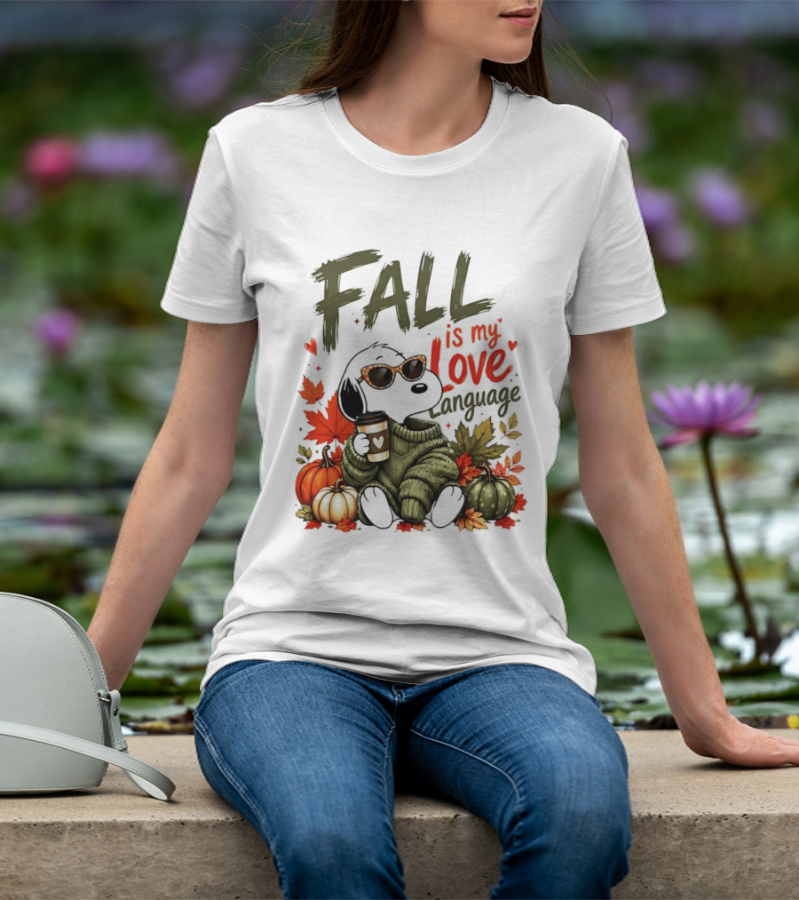Fall Is My Love Language Cartoon Dog Cozy Green Sweater Pumpkins Leaves Coffee T-Shirt