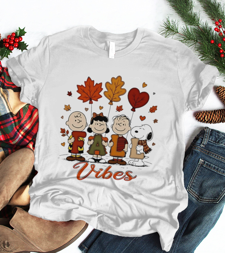 Fall Vibes Peanuts Characters With Leaf Balloons T-Shirt