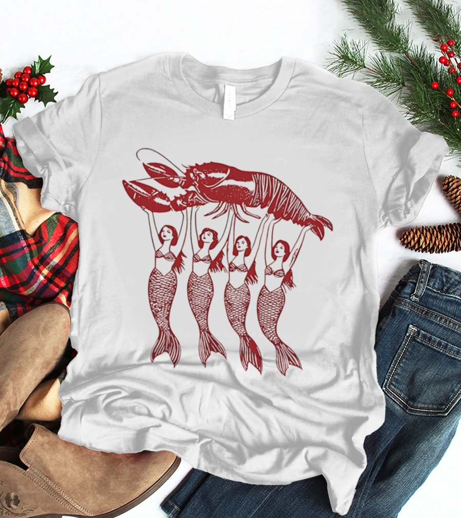 Four Mermaids Holding A Lobster Vintage Red Sea Creature T-Shirt