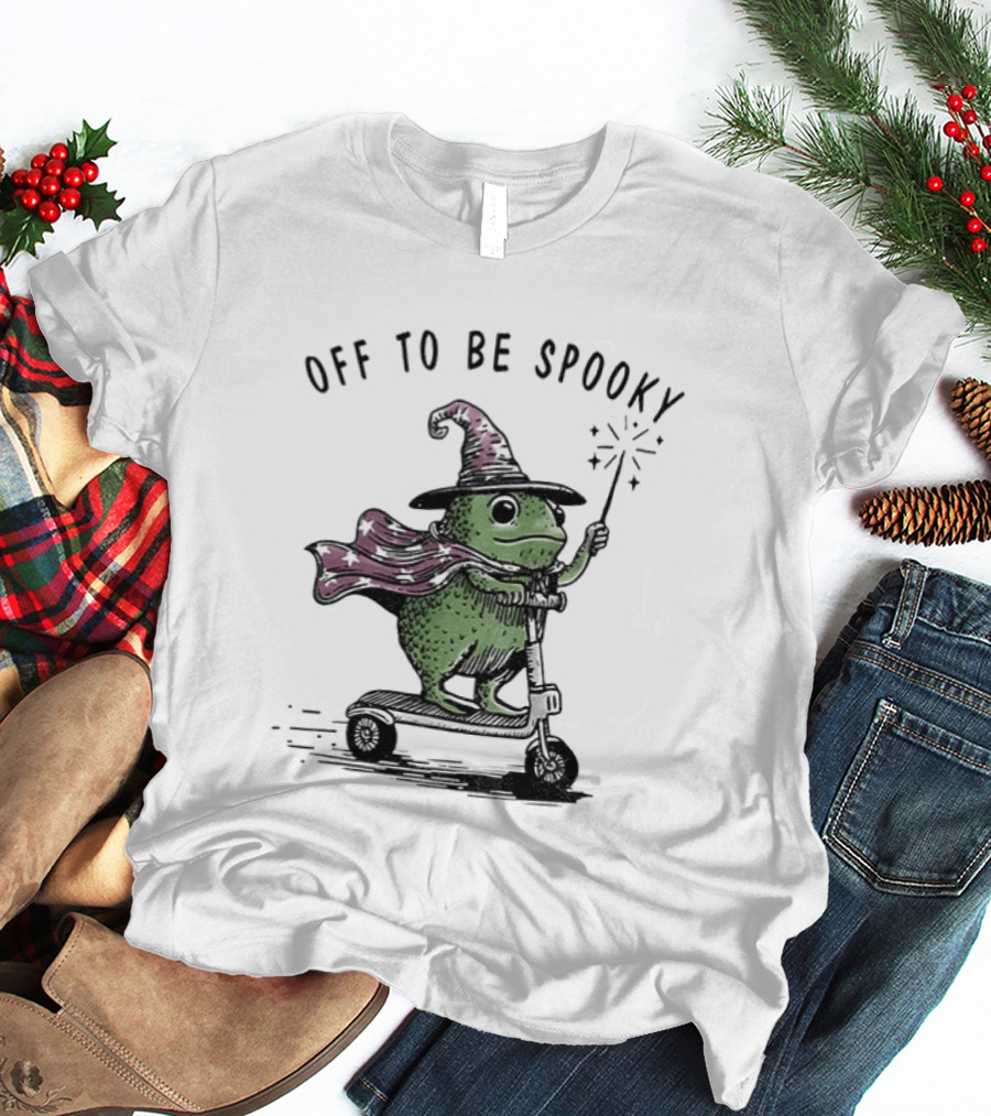 Frog Wizard On Scooter With Cape Off To Be Spooky Magic Wand T-Shirt