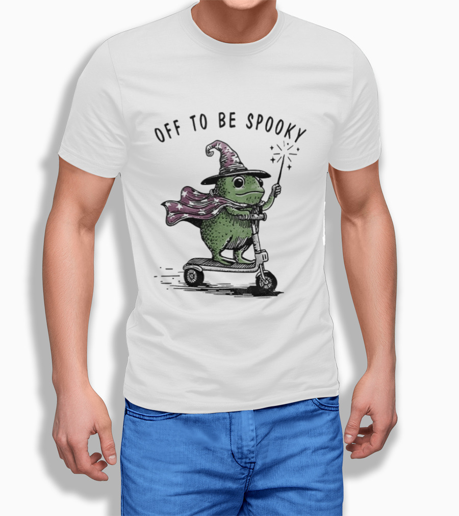 Frog Wizard On Scooter With Cape Off To Be Spooky Magic Wand T-Shirt