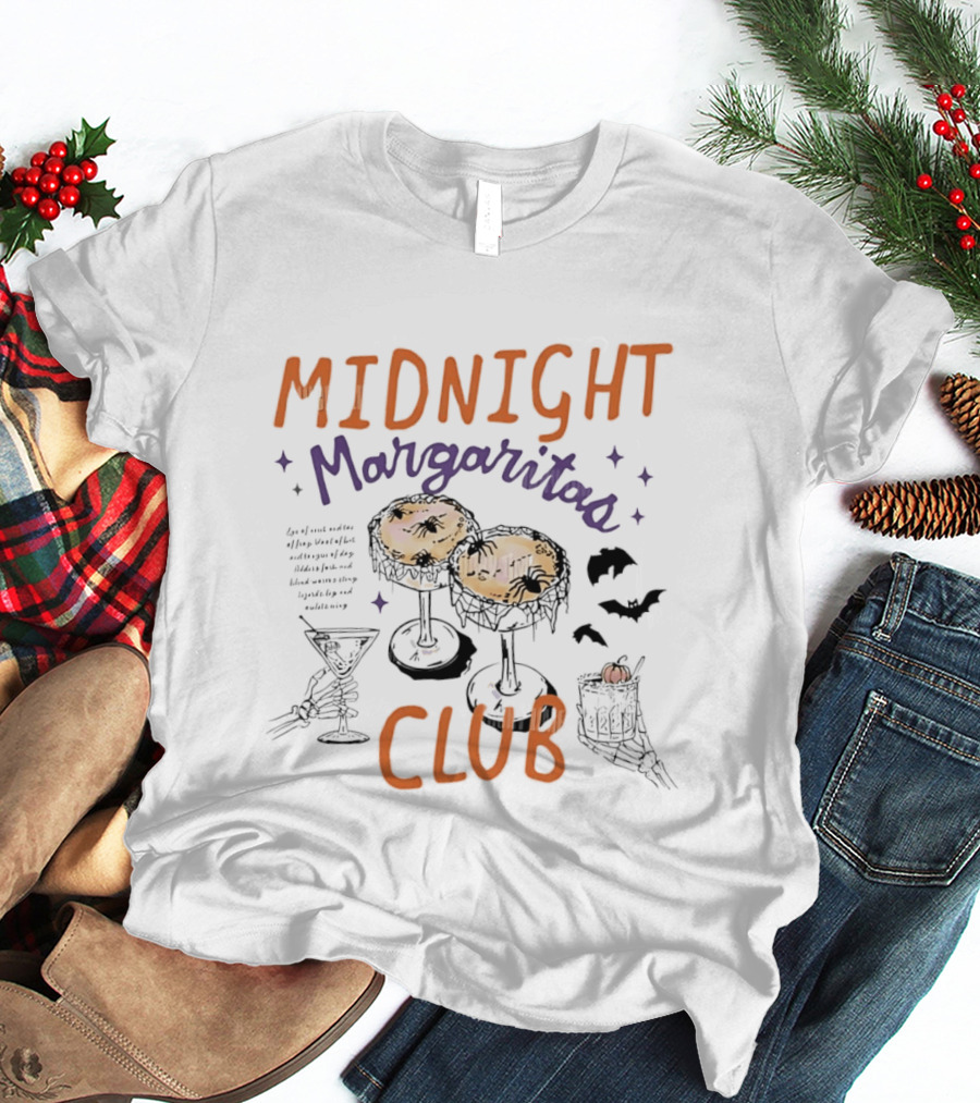 Midnight Margaritas Club Spooky Cocktail Skeleton Hands Bats And Spiderwebs T-Shirt