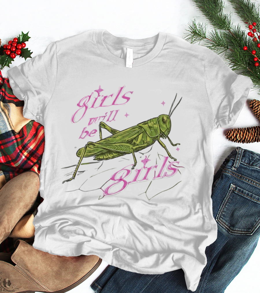 Girls Will Be Girls Green Grasshopper Pink Sparkles T-Shirt
