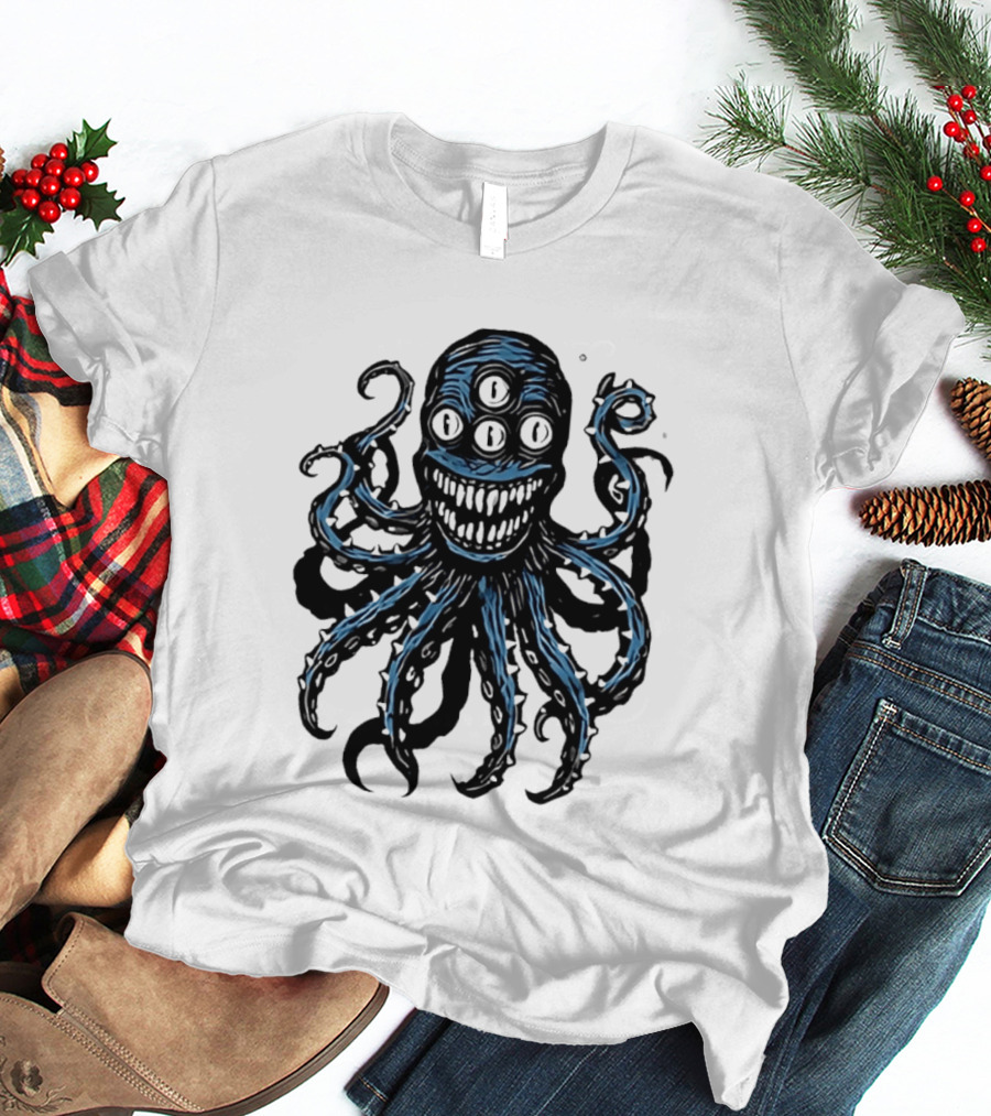 Monstrous Spiky Tentacles Blue Octopus Woodcut T-Shirt