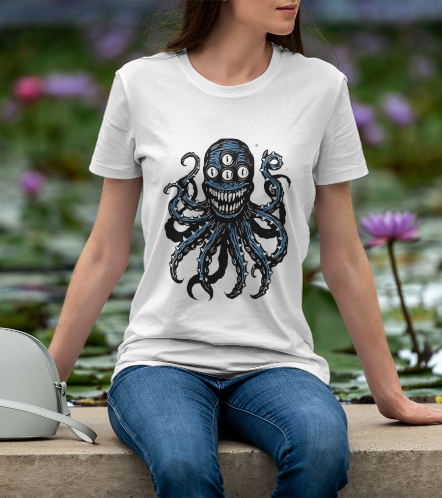 Monstrous Spiky Tentacles Blue Octopus Woodcut T-Shirt