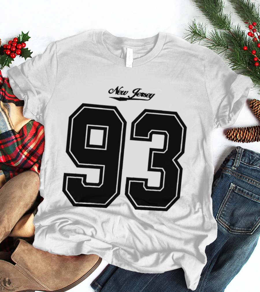New Jersey 93 Cursive Script Black Varsity Block Number T-Shirt