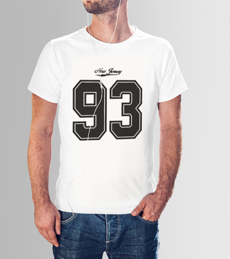 New Jersey 93 Cursive Script Black Varsity Block Number T-Shirt