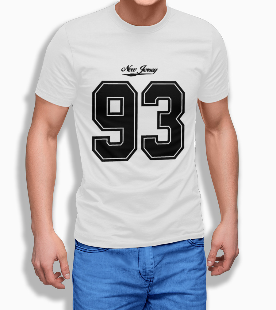 New Jersey 93 Cursive Script Black Varsity Block Number T-Shirt