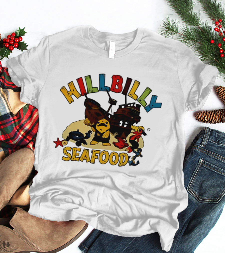 Hillbilly Seafood Cartoon Pirate Ship And Ocean Life Fish Adventure T-Shirt