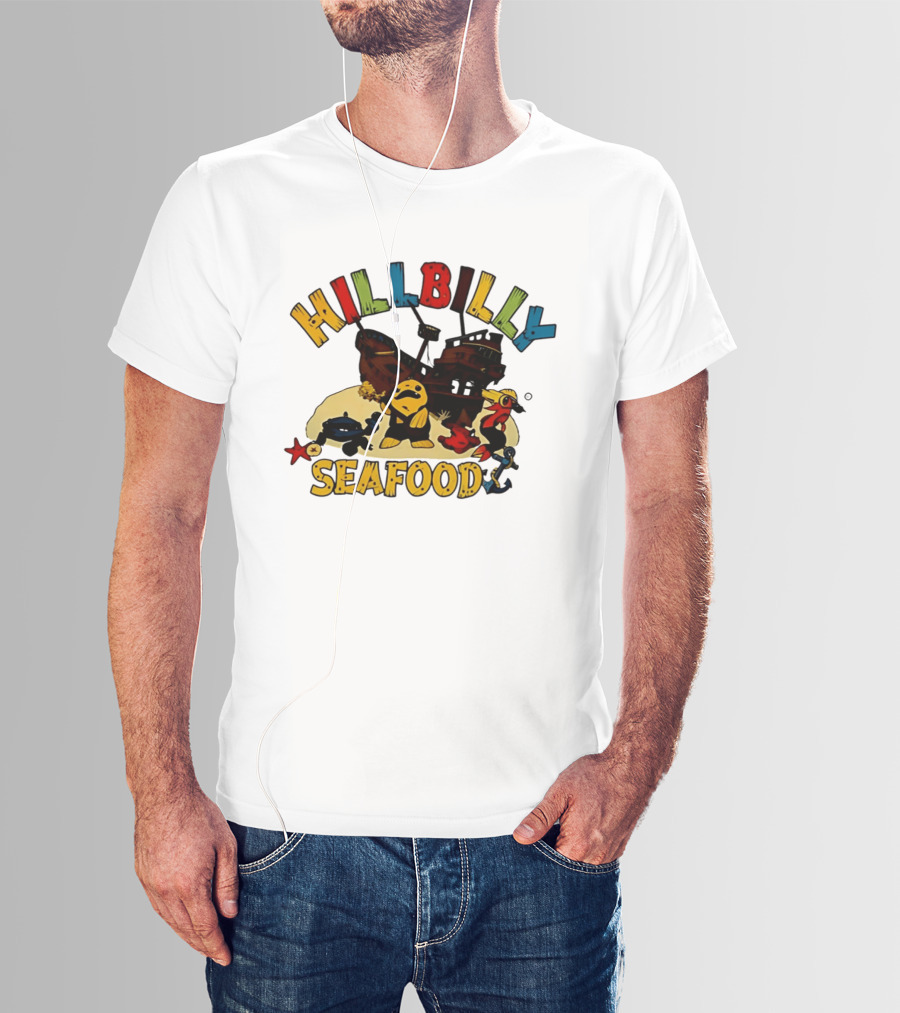 Hillbilly Seafood Cartoon Pirate Ship And Ocean Life Fish Adventure T-Shirt